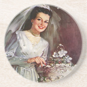 Vintage Wedding, Bride Cutting the Wedding Cake Sandstone Coaster