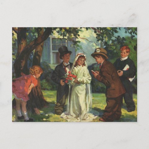 Vintage Wedding Bride Groom Kids Save the Date Announcement Postcard