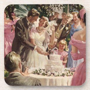 Vintage Wedding Bride Groom Newlyweds Cut the Cake Beverage Coaster