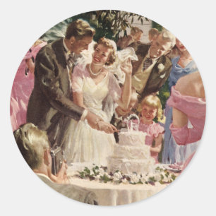 Vintage Wedding Bride Groom Newlyweds Cut the Cake Classic Round Sticker