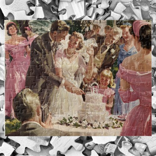 Vintage Wedding Bride Groom Newlyweds Cut the Cake Jigsaw Puzzle