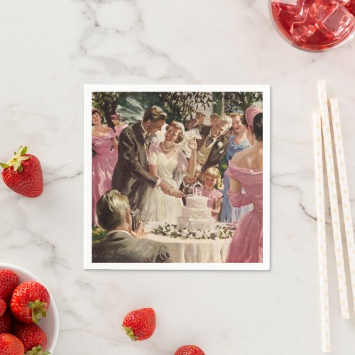 Vintage Wedding Bride Groom Newlyweds Cut the Cake Napkins
