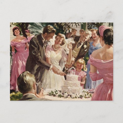 Vintage Wedding Bride Groom Newlyweds Cut the Cake Postcard