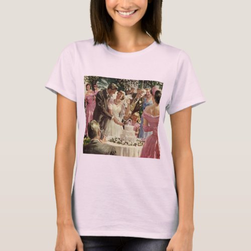 Vintage Wedding Bride Groom Newlyweds Cut the Cake T_Shirt