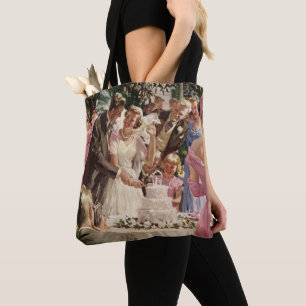 Vintage Wedding Bride Groom Newlyweds Cut the Cake Tote Bag