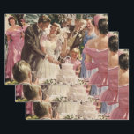 Vintage Wedding Bride Groom Newlyweds Cut the Cake Wrapping Paper Sheets<br><div class="desc">Vintage illustration love and romance design featuring a bride and groom cutting the cake at their wedding reception party. The happy newlywed couple are enjoying being just married and celebrating with family and friends. Happily ever after!</div>