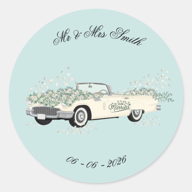 Vintage Wedding Car Favor Sticker (Front)