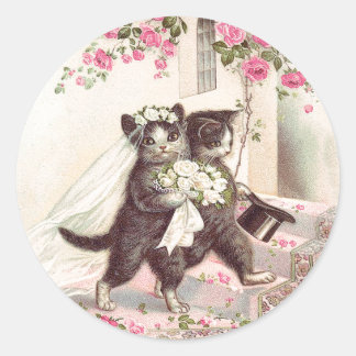 Vintage Wedding Cats Bride and Groom Classic Round Sticker