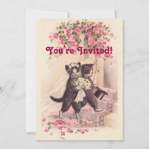 Vintage Wedding Cats Soft Pink Invitation