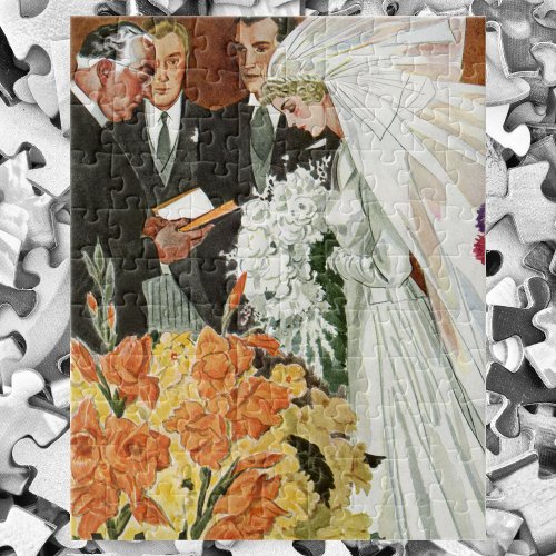 Vintage Wedding Ceremony with Bride and Groom Jigsaw Puzzle