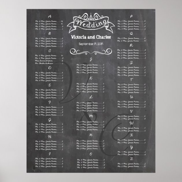 Vintage Wedding Chalkboard Guest Seating Chart Poster