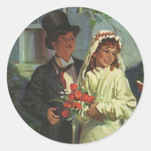 Vintage Wedding, Children Pretend Bride and Groom Classic Round Sticker