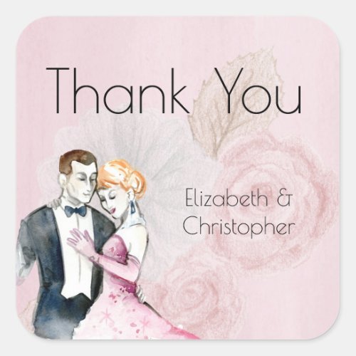 Vintage Wedding Couple With Pink Roses Thank You Square Sticker