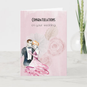 Vintage Wedding Couple With Pink Roses Wedding Card