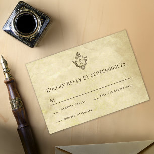 Vintage Wedding Crest Monogram Antique Old Paper RSVP Card