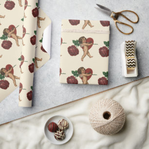 Vintage Wedding, Cupid with Red Rose and Heart Wrapping Paper