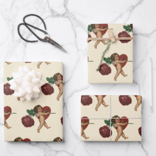 Vintage Wedding, Cupid with Red Rose and Heart Wrapping Paper Sheets