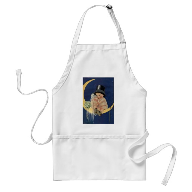 Vintage Wedding, Cute Bride and Groom on a Moon Adult Apron (Front)