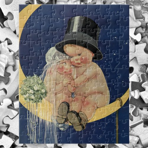 Vintage Wedding Cute Bride and Groom on a Moon Jigsaw Puzzle