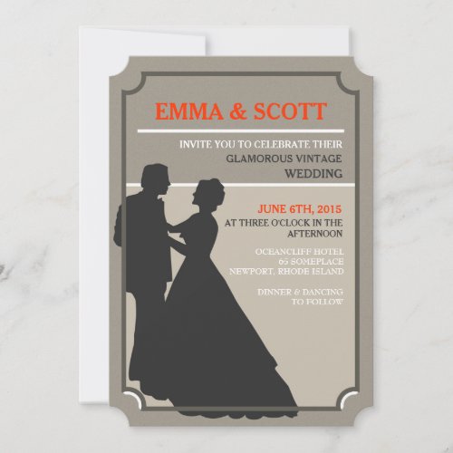 Vintage wedding dancing couple silhouette invites