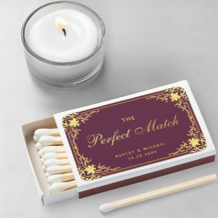 Vintage Wedding Favors Plum Faux Gold Calligraphy Matchboxes