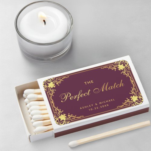 Vintage Wedding Favors Plum Faux Gold Calligraphy Matchboxes