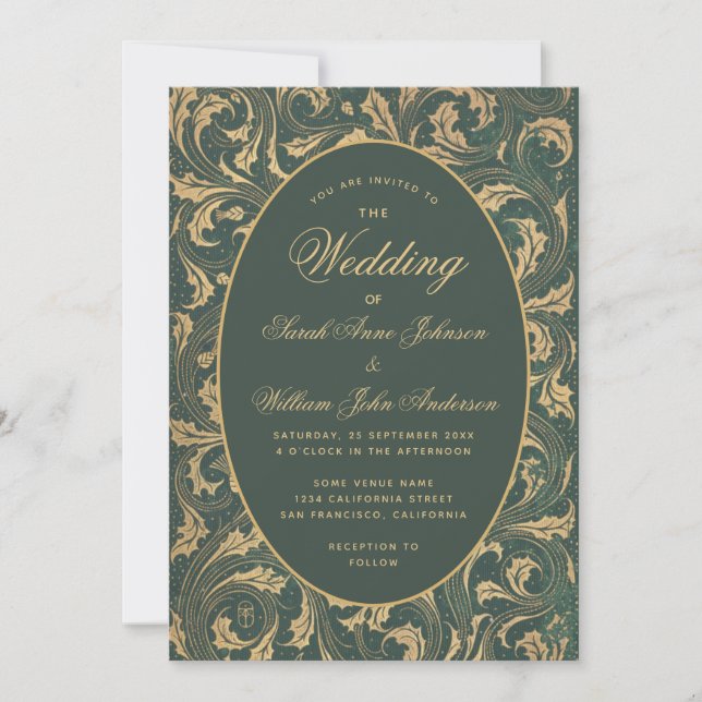 Vintage Wedding Green Gold Thistle Leaves Elegant Invitation (Front)