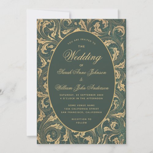 Vintage Wedding Green Gold Thistle Leaves Elegant Invitation
