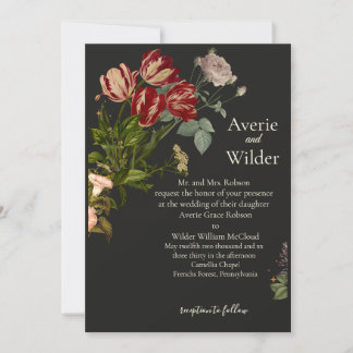 Vintage wedding invitation with a dark floral patt