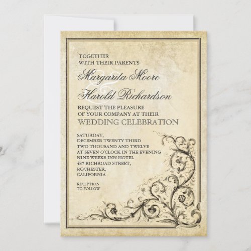 Vintage wedding invitation with flourish swirls