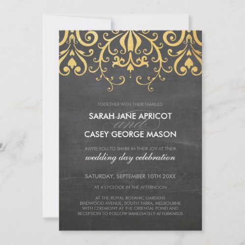 VINTAGE WEDDING INVITE filigree gold on chalkboard