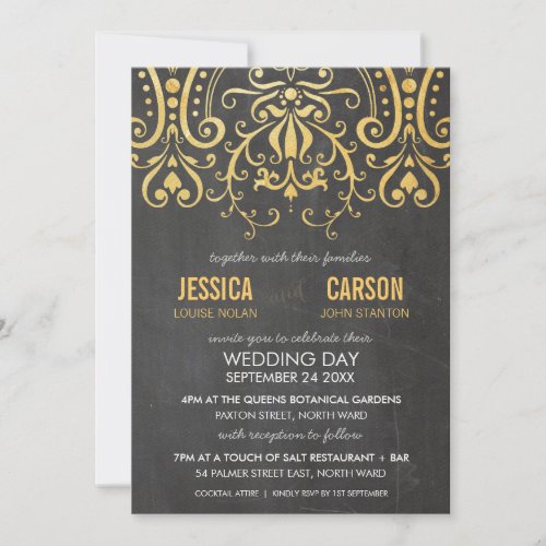 VINTAGE WEDDING INVITE gold foil filigree damask