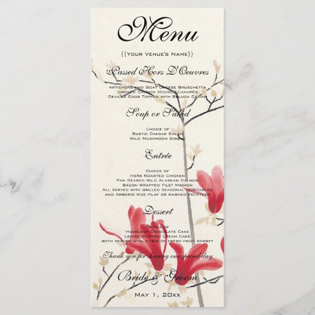 Vintage Wedding, Japanese Pink Magnolia Tree Menu (Front)