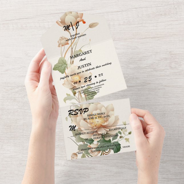Vintage Wedding Lotus Flower All In One Invitation (Tearaway)