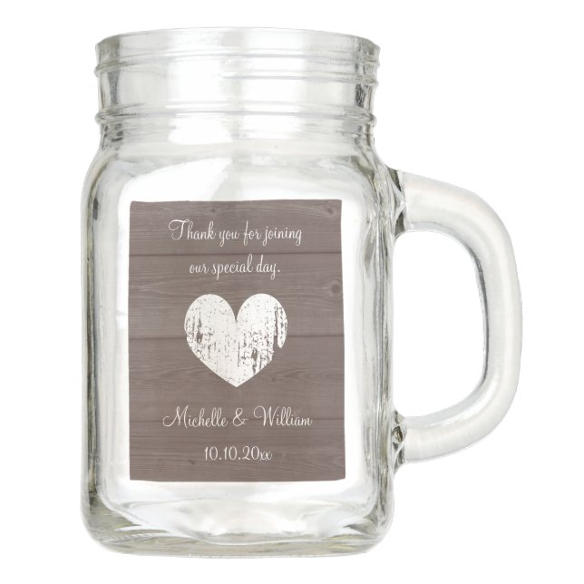 Vintage wedding mason jar with wood grain & heart (Front)