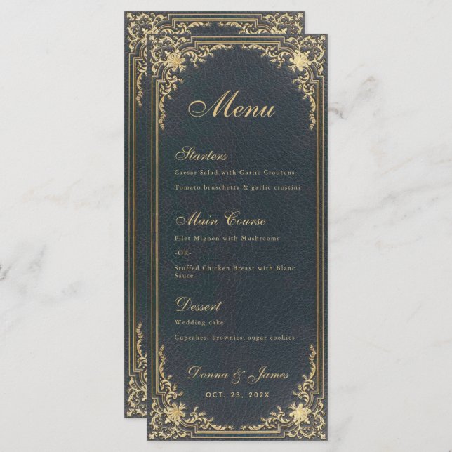 Vintage Wedding Menu - Blue Gold Elegant Script  (Front/Back)