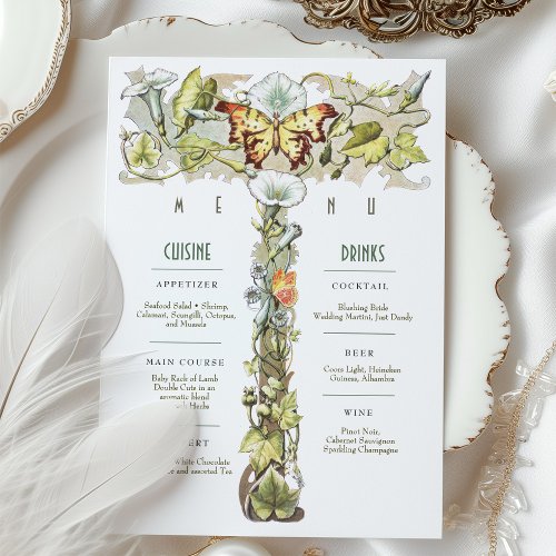 Vintage Wedding Menu  Drinks Card Butterfly Motif