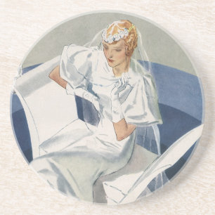 Vintage Wedding, Mid Century Modern Art Deco Bride Sandstone Coaster