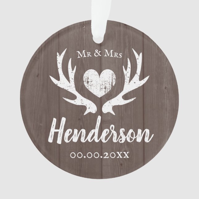 Vintage wedding Mr and Mrs deer antlers wood grain Ornament (Front)