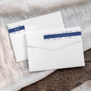 Vintage Wedding Navy Blue Floral Return Address Wrap Around Label