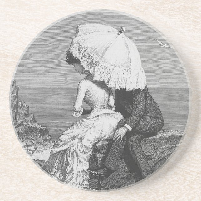 Vintage Wedding, Newlyweds by the Beach Drink Coaster (Front)