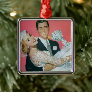 Vintage Wedding Newlyweds, Groom Carrying Bride Metal Ornament