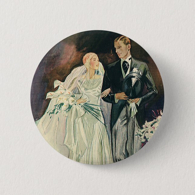 Vintage Wedding Newlyweds, Happy Bride and Goom Button (Front)