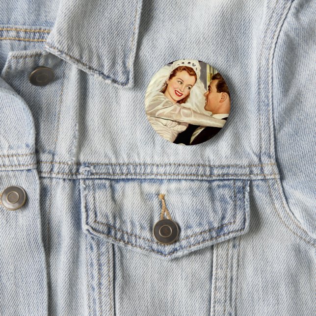 Vintage Wedding Newlyweds, Happy Bride and Groom Button (In Situ)