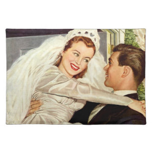 Vintage Wedding Newlyweds, Happy Bride and Groom Cloth Placemat