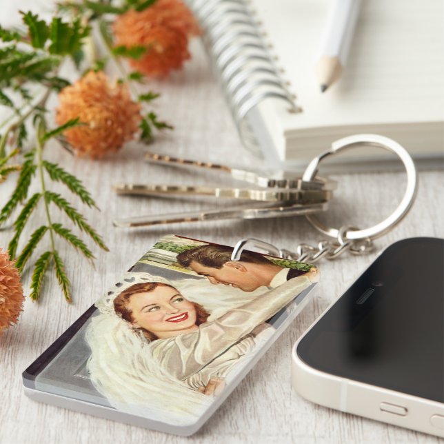 Vintage Wedding Newlyweds, Happy Bride and Groom Keychain (Front Right)