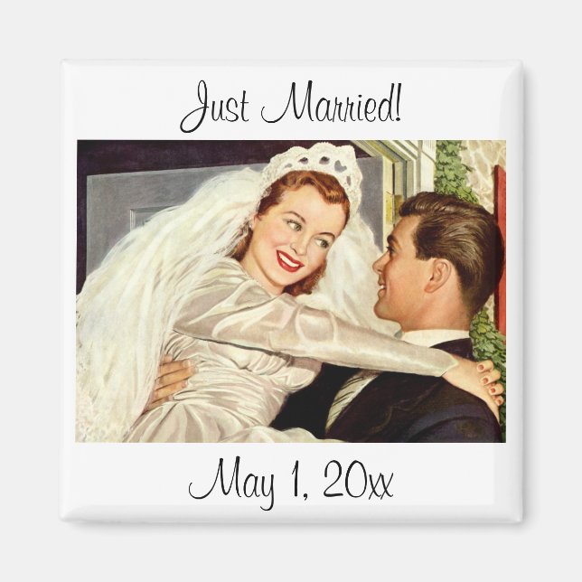 Vintage Wedding Newlyweds, Happy Bride and Groom Magnet (Front)