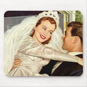 Vintage Wedding Newlyweds, Happy Bride and Groom Mouse Pad