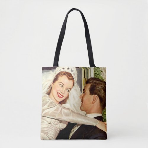 Vintage Wedding Newlyweds Happy Bride and Groom Tote Bag