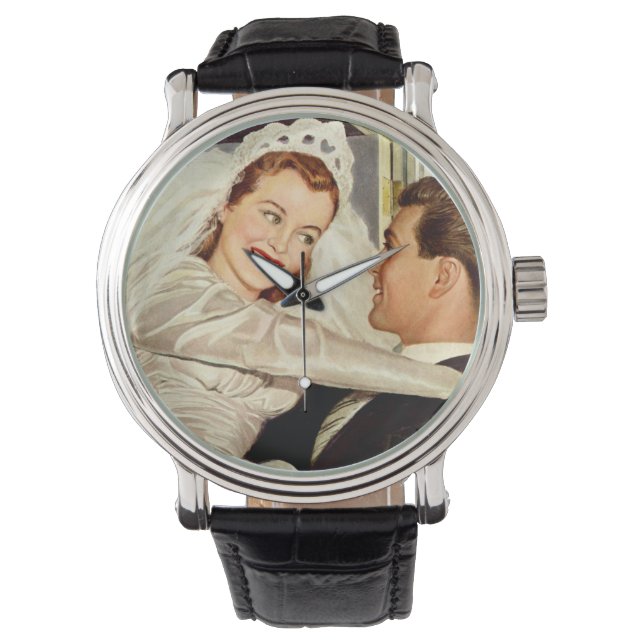 Vintage Wedding Newlyweds, Happy Bride and Groom Watch (Front)
